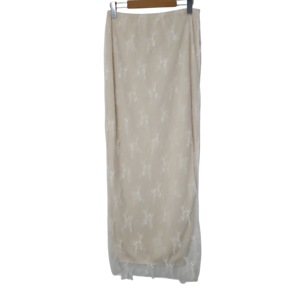 Cream Lace Maxi Skirt Women L Boho Romantic Lightweight Lined